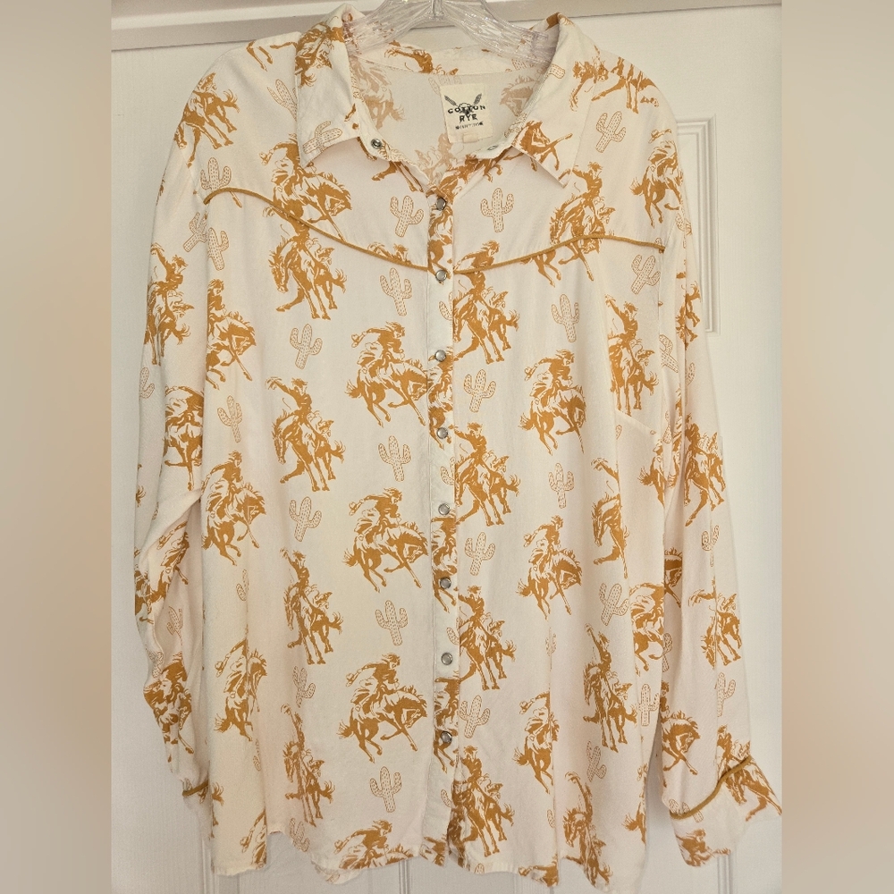Cotton & Rye Cowboy Horse Western Print Button Down Shirt - Cream and Gold- XL
